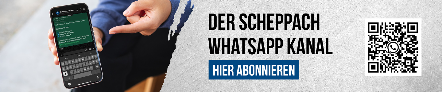 Ein Handy auf WhatsApp die den Scheppach WhatsApp Kanal zeigt